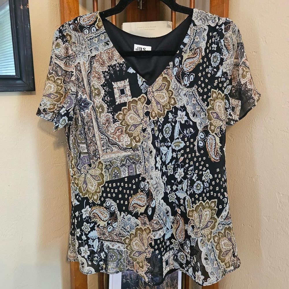 American Vintage Black Multicolor Paisley V-Neck Short Sleeve Top